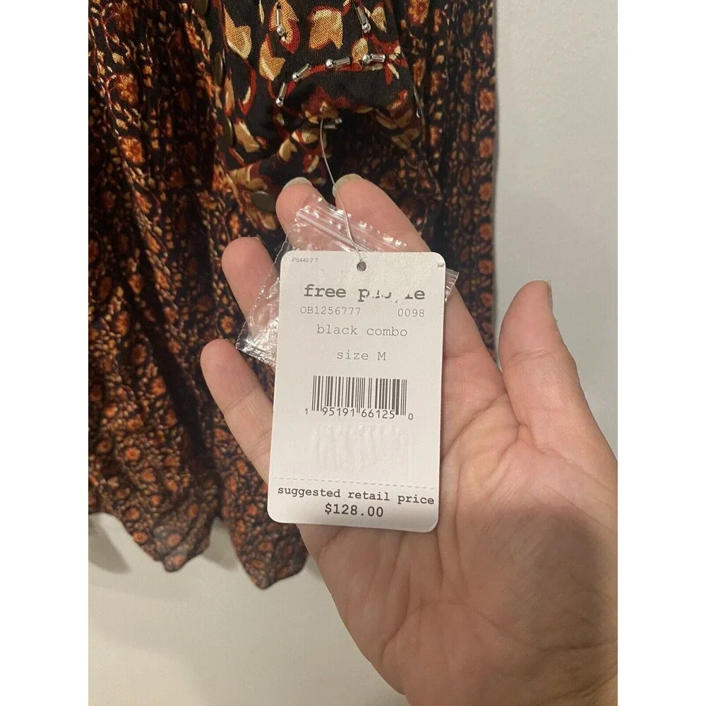 Free People Women's Malia Embellished Floral Babydoll Top Black Combo medium